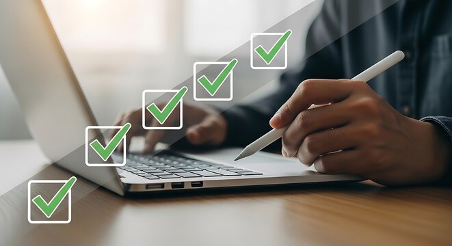 Close up of a business professional actively completing a digital checklist or task list using a stylus and laptop computer interface.