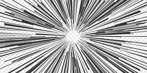 Obraz premium Manga anime speed lines. Radial impact effects and transparent action comic book energy. Black and white lightning shock focus, motion zoom overlays and concentric screentone style. Vector background.