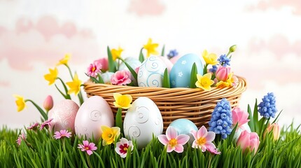 Fototapeta premium Colorful Easter Basket Filled with Decorated Eggs in a Sunny Meadow of Grass and Spring Flowers