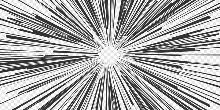 Manga anime speed lines. Radial impact effects and transparent action comic book energy. Black and white lightning shock focus, motion zoom overlays and concentric screentone style. Vector background.