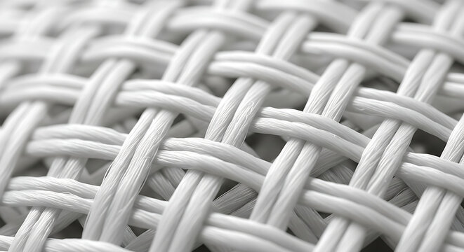 Detailed macro photography of white synthetic fabric showing intricate interwoven polyester fiber with complex textile texture and sophisticated mesh pattern for industrial backdrop.