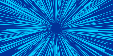 Blue anime manga speed lines. Radial burst effects and action comic book energy. Blue glow focus, pop art screentone textures and vintage flash explosion illustration. Vector background.