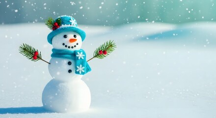 Fototapeta premium Cute snowman dressed in festive winter apparel