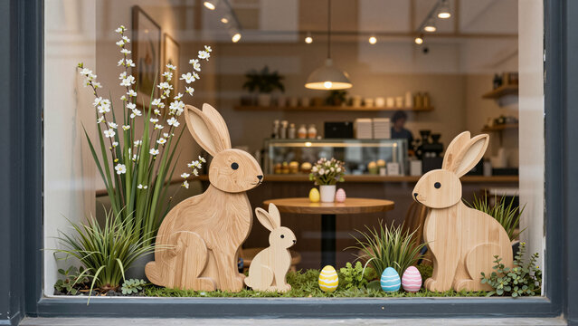 Minimalist cafe window display featuring wooden easter bunny figurines and colored eggs. A cozy coffee shop interior is visible behind the decorative spring storefront