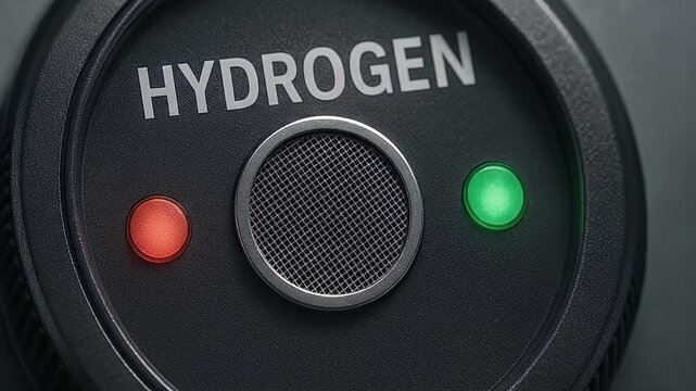 Hydrogen fuel indicator red and green lights on black circular panel close up energy technology clean power concept modern design source control safety monitoring innovation