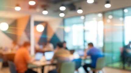 Obraz premium A dynamic, blurred modern coworking space features individuals working on laptops amidst colorful wall accents and bright ambient lighting, symbolizing a creative and collaborative work environment.