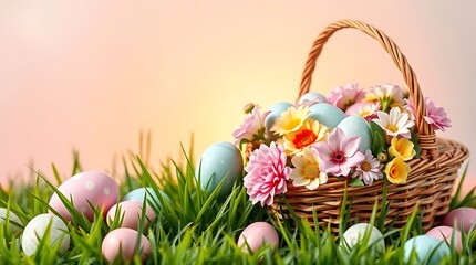 Fototapeta premium Beautiful Easter Basket Overflowing with Pink and White Flowers and Pastel Eggs in Sunny Green Grass at Sunrise, Spring Holiday Scene
