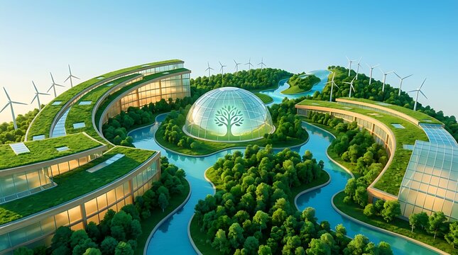 Sustainable futuristic eco-city with green-roofed buildings, wind turbines, central biomes, winding waterways, and lush vegetation, illustrating renewable energy and urban green development