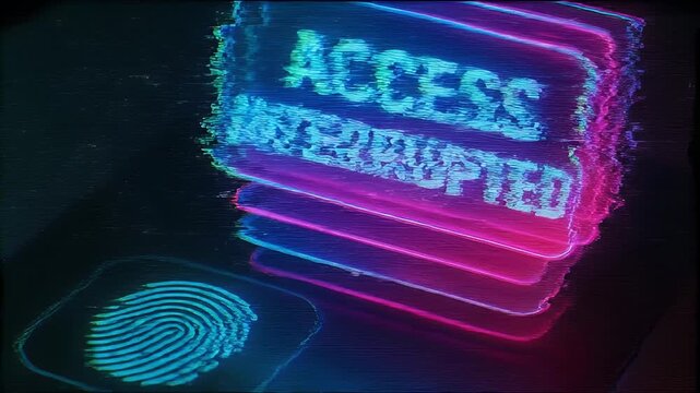 Access interrupted fingerprint scanner glowing blue and pink neon light on digital screen, symbolizing biometric security breach and denied authentication in advanced technology interface