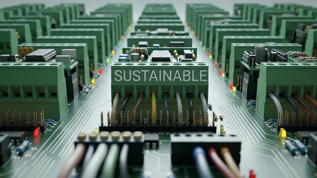 Sustainable green electronic circuit board with connectors and colorful wires showcasing technology innovation for energy efficiency and eco friendly modern electronic devices