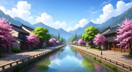 Fototapeta premium Serene mountain village with blooming trees along a calm river