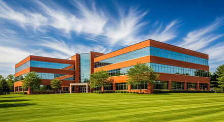 Obraz premium Modern three story corporate office building featuring vibrant orange brick facade large reflective glass windows and meticulously manicured green lawn under bright blue sky