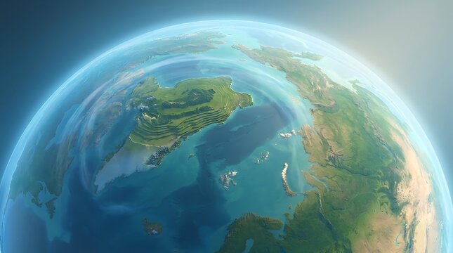 Ancient Earth globe illustration showing Pangaea supercontinent with detailed continental drift, geological reconstruction of prehistoric landmass, vibrant blue oceans, and atmospheric lighting for