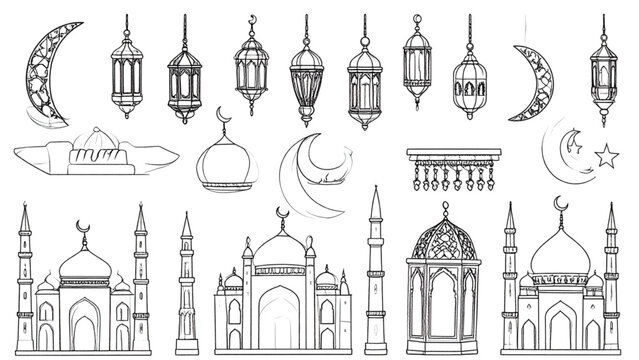 Islamic Ornamental Line Art &ndash; Mosques, Lanterns, Crescent Moon & Geometric Decorations