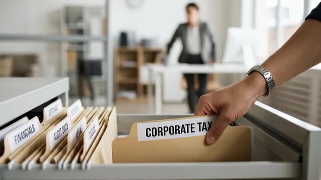 Corporate tax file folder office drawer with business documents and financial records being pulled from filing cabinet showing document organization and accounting process for business record
