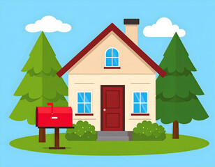 Fototapeta premium Cute suburban house with red mailbox and green trees under a blue sky. Bright flat illustration representing home living, neighborhood life, real estate, and peaceful residential scenery.