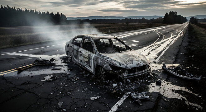 Devastated charred vehicle remains on asphalt street showcasing severe accident aftermath destruction for insurance claims and emergency rescue necessity in urban traffic environment scene