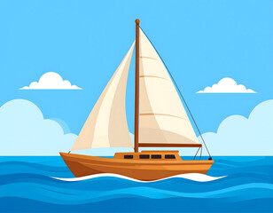Fototapeta premium Colorful sailboat sailing across calm ocean waves under a bright blue sky with soft clouds. Flat vector illustration representing adventure, travel, summer vacation, and peaceful sea journeys.