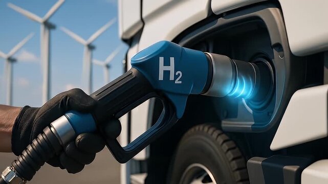 Hydrogen fuel nozzle refueling vehicle near wind turbine background symbolizing clean energy sustainable transportation eco friendly technology renewable power source for future sustainability