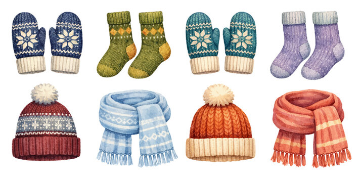 A charming watercolor collection of cozy winter accessories featuring knitted hats, scarves, socks, and mittens with festive patterns.