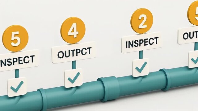 Inspection process concept featuring numbered steps and check marks for pipeline quality control, verification, and checklist in 3D flowchart illustration ensuring thorough quality check and control