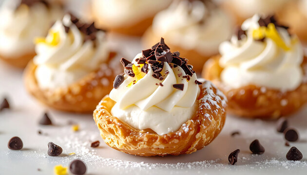 Bite-sized cannoli, crisp pastry shells with creamy ricotta, subtle chocolate, citrus zest garnish, appetizing sweet food