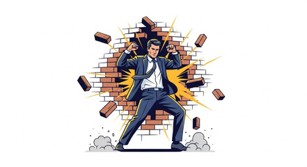 Man Breaking Through Brick Wall.