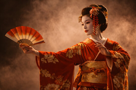 Japanese geisha woman traditional kimono fan dance, asian culture elegance performance portrait, classic japan beauty with ornate hairstyle and makeup, cultural heritage costume artistic pose, vintage