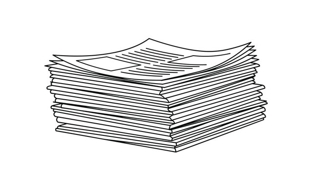 Simple black and white line drawing of a messy stack of paper documents or newspapers piled high on a white background.