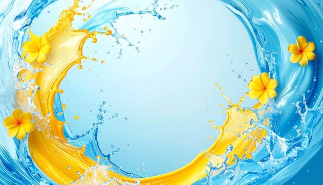 abstract thai songkran background with water waves and splashes, bright summer palette, blue aqua yellow, soft gradient, joyful festival mood, minimal clean design, modern thailand culture theme