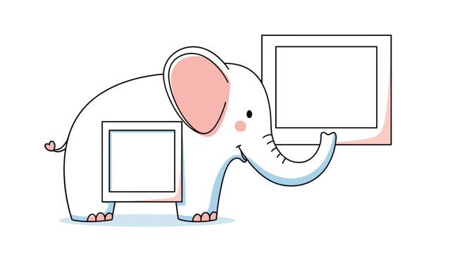Cute white cartoon elephant with pink ears holding two blank square picture frames with its trunk on a white background.