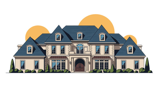 Magnificent architectural illustration of a large multi-story luxury mansion house with gabled roofs and manicured gardens.