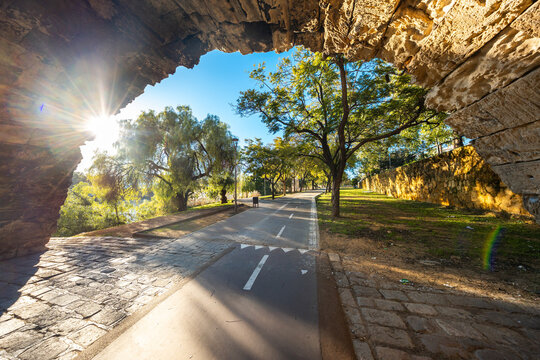 Seville, Spain, a sunlit path under a stone arch with a bike lane leads by a golden wall and trees. Morning light casts long shadows. A trash bin and lamppost stand nearby.