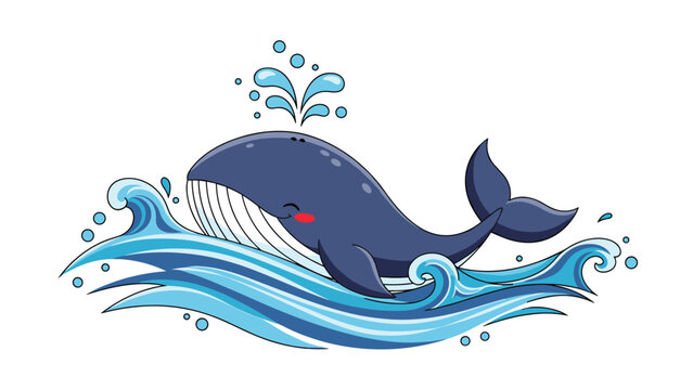 Happy blue whale breaching the ocean waves and spouting water, conveying a sense of marine beauty and freedom in nature.