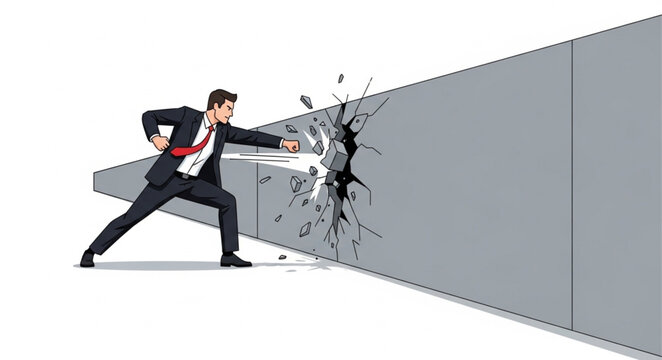 Man Breaking Through Grey Wall.