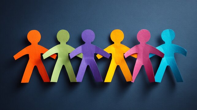 Colorful paper cut human figures linked together, symbolizing unity, inclusion, and equality in diverse communities and cultures.