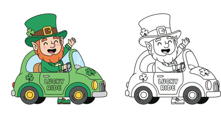 Obraz premium Cute cartoon leprechaun driving a lucky green car, waving hand. Includes full color vector illustration and black and white outline coloring page for kids.