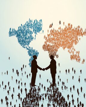 A business handshake symbolizes unity and collaboration between diverse cultures, highlighting global inclusion and cooperation.