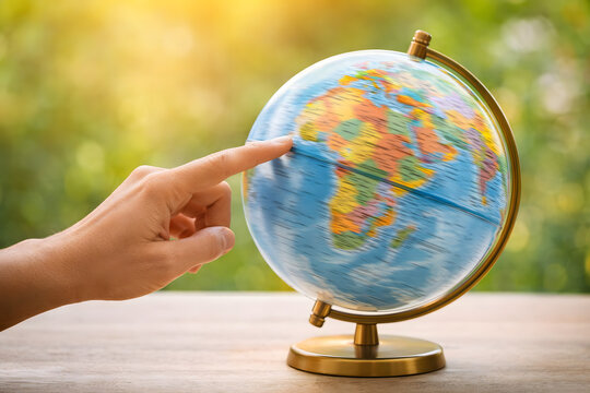World globe education, geography global travel learning map earth exploration, hand pointing at detailed world globe for international tourism and geographic study, worldwide destination planning, sch
