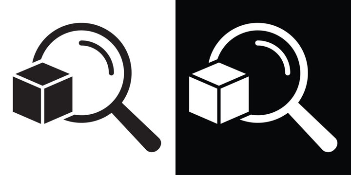 3D cube with a magnifying glass icon. Vector illustration representing product search, logistics tracking, inventory discovery, and warehouse management in black and white styles.