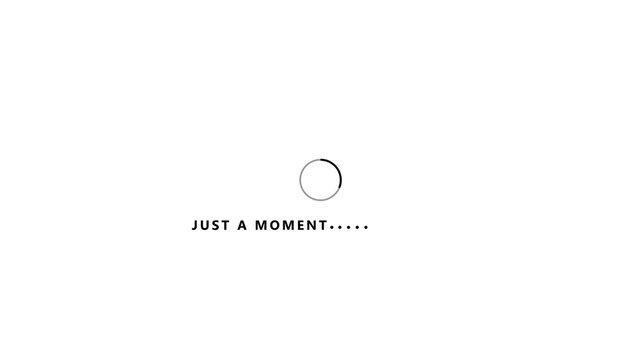A minimalist with a spinning circular loader and the text JUSTAMOMENT displayed in a simple font on a white background, signifying a short waiting period. Keywords: just a moment