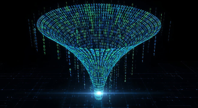 Abstract digital binary code funnel visualizing complex data processing, information transformation, big data analytics, and computational technology flow within a virtual network space.