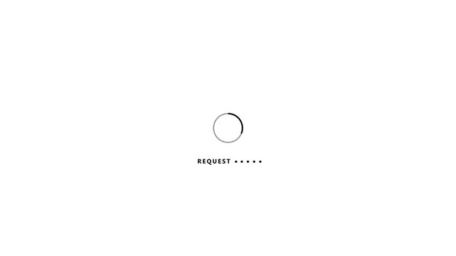 A simple loading spinner with the text REQUEST and three pulsating dots, set against a stark white background, signifying an ongoing request or data retrieval process