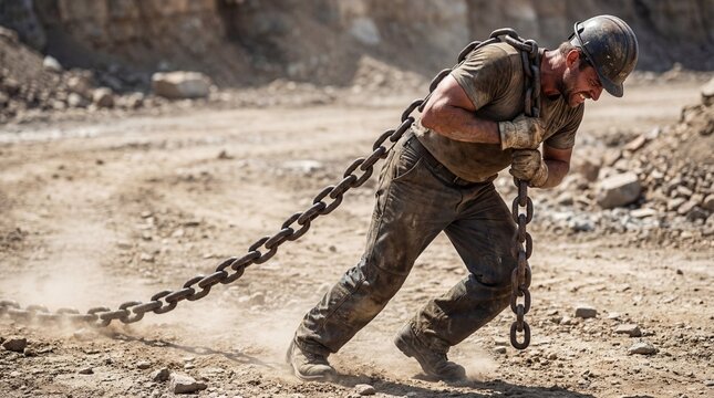 Man hauling heavy chain while working in rugged outdoor environment  