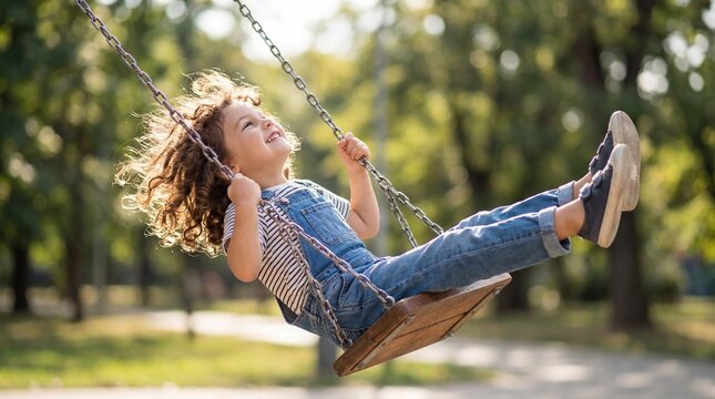 Young girl laughing while swinging in park on sunny day  