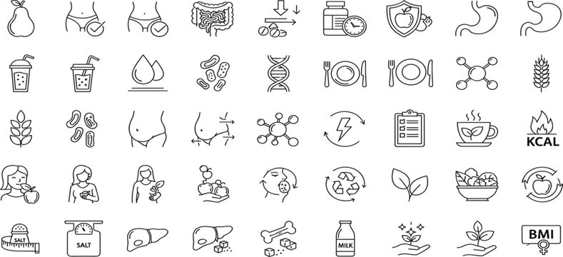 GLP 1 Nutrition and Healthy Lifestyle Line Icon Set with Diet, Digestion, Vitamins, BMI, Food, Metabolism and Wellness SymbolsWeight Loss Medical InHormone Regulation, Appetite Control, Blood Sugar M