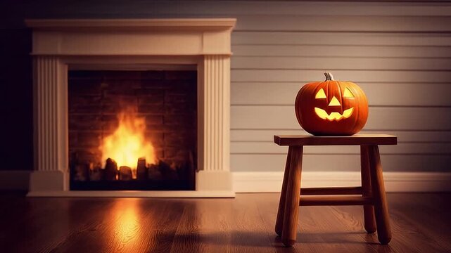 Halloween pumpkin jack o lantern carved pumpkin spooky decor cozy fireplace autumn holiday warm light wooden stool glowing candle fall season atmospheric autumn home interior with classic fireplace