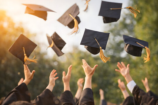 Graduation caps thrown in air celebration, university students success moment ceremony, academic achievement milestone education concept, happy graduates tossing mortarboard hats outdoor, college comp