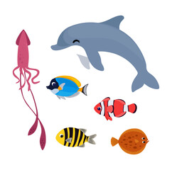 Obraz premium Colorful Tropical Sea Creatures Illustration Set