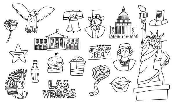 Hand-drawn line art symbols of the country. Statue, bird, Columbus, and hamburger. Black drawing on a white background, vector illustration.